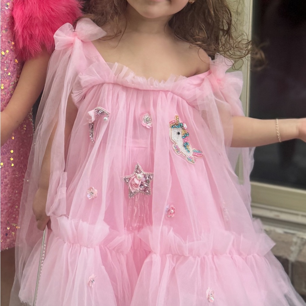 Pink Tulle Dress with Unicorn and Star Accents